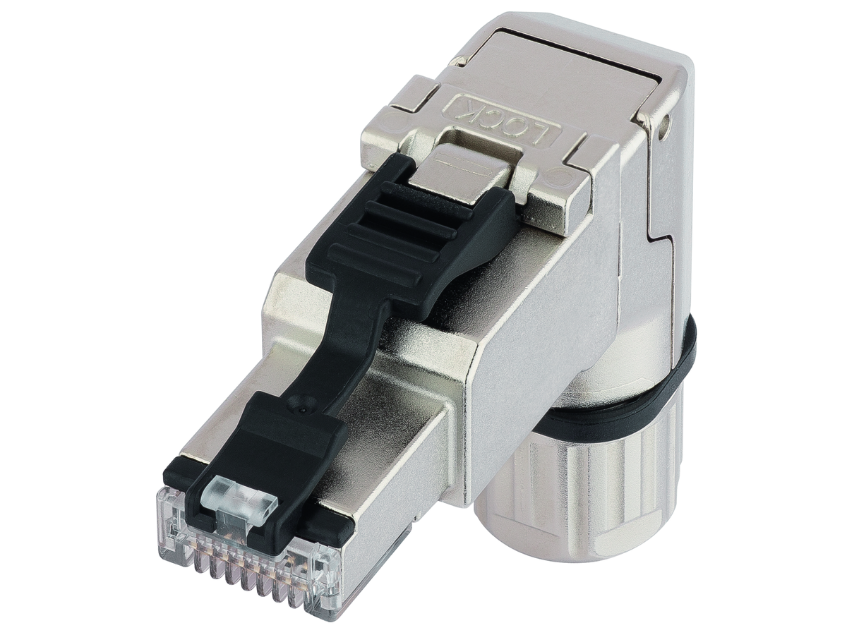 RJ45 Male 90° 568B Cat.6a cable screwed - AWG 26-24/1 & AWG 27-24/7 & AWG 26/19